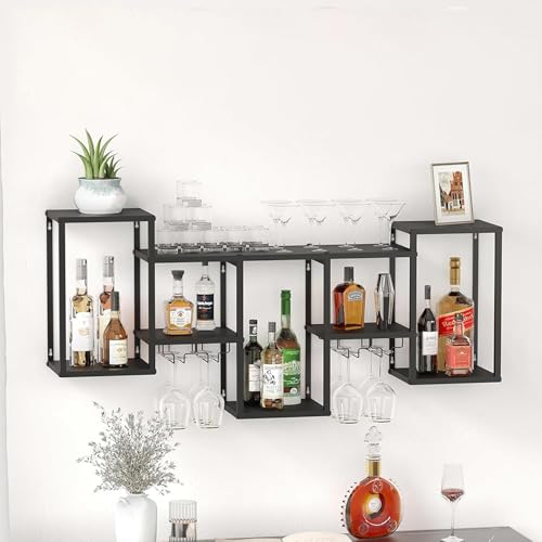 GOUZIBHD Estante de Vino Montado en La Pared,Botellero de Pared con Colgador para Copas,para Soporte de Cocina/Sala de Estar/Hogar,Estante para Almacenamiento de Vino