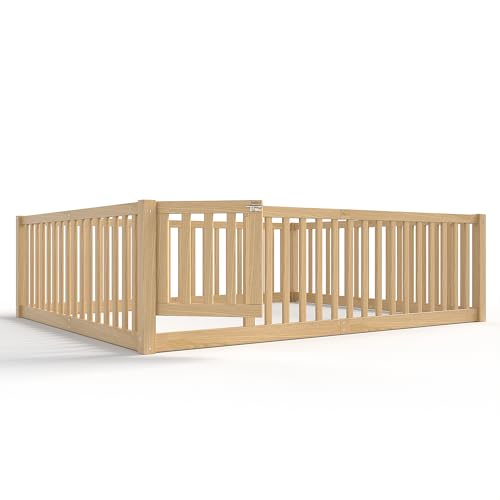 Image of Bellemave Queen Size Kids Montessori Floor Bed with Door,Solid Wood Floor Bed Frame with High Fence for Girls,Boys,Natural