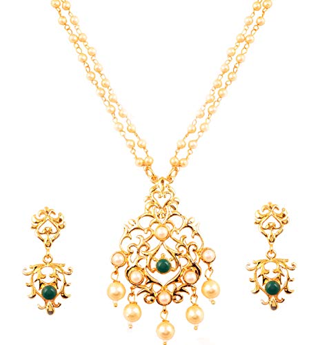Touchstone Indian Bollywood Traditional Sober And Classy Look Traditional Kundan Polki Faux Pearls Faux Emerald Long Designer Jewelry Pendant Set In Gold Tone For Women.