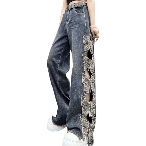 Women's Retro high Waisted Embroidered Hole Loose Floor Mopping Butterfly Hollow Out Wide Leg Pants Y2K Jeans