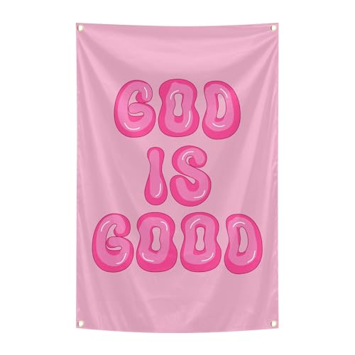 Image of Tapestri God is Good Pink Wall Decor Flag 2x3 Feet With 4 Brass Grommets. Funny Flag for Teen Girls Room Indoor Outdoor Bedroom and College Dorm Wall Decor Banner.