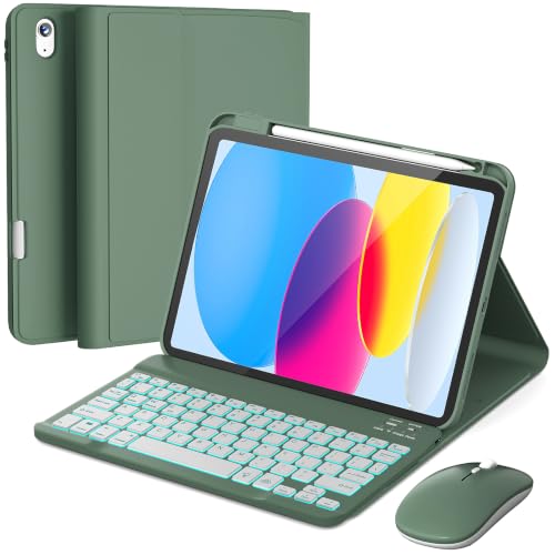 Image of RAYMCRAFT for iPad 11th (A16, 2025) / 10th Generation Case with Keyboard, Mouse and Detachable Wireless Keyboard, 7-Color Backlight, Slim Case with Pencil Holder, Dark Green