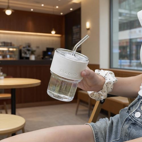 Image of BLUEPOLAR 13 oz Tumbler Water Glass, Water Bottle with Straw and Dustproof Lid, Coffee Ice Cup Double Wall Insulated Glass Cup (White with Protect Sleeve)