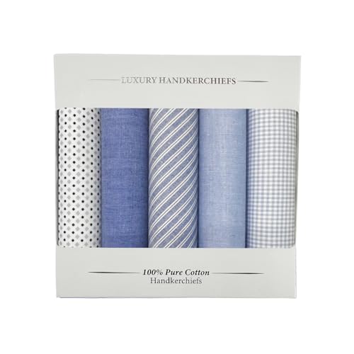 Image of 5 Pack Handkerchief Mens Cotton Luxury Hot Silver Gift Box Set, Vintage 40x40cm Fancy Design Pocket Square Hankie Gift Pack