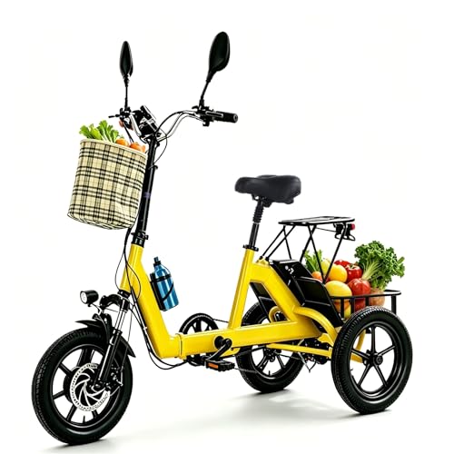 HZWJD Bicicleta Eléctrica para Adultos Triciclo Eléctrico Plegable De 14 Pulgadas,con Batería Extraíble,Cesta De Gran Capacidad Y Cuadro De Paso Bajo Yellow (No Backrest)