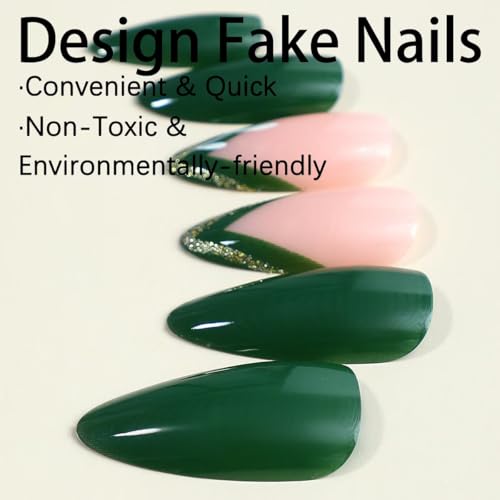 Image of Green French Tip Press on Nails Gold Line Fake Nails Nude Glossy Glue on Nails Artificial Acrylic Nail Fullc Cover Stick on Nials Short Almond False Nails for Women Girls Spring Summer Manicure 24Pcs