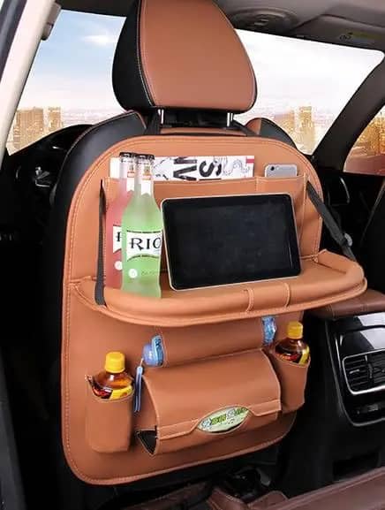 Car Backseat Organizer with Tablet Holder, Touch Screen Tablet Hanger Stand for Kids Toddlers, PU Seat Organizers and Storage, Cup Umbrella Tissue Holder, Kick Mats Protector Car Accessories (Hazel)