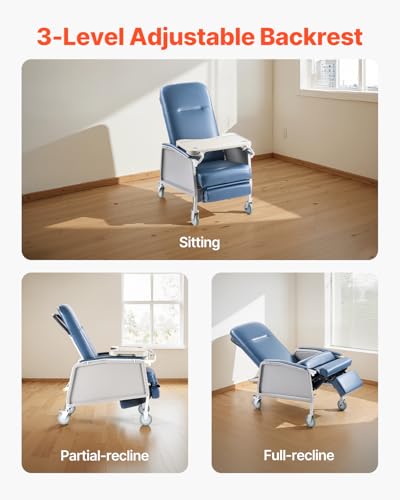 VEVOR Geri Chair Recliner, 3-Position Reclining Geri Chair, Movable Medical Recliner Chairs with 4 Wheels, Soft Padded Seat & Detachable Tray, Ideal for Hospital, Nursing Home, and Geriatric Home Care - Image 3
