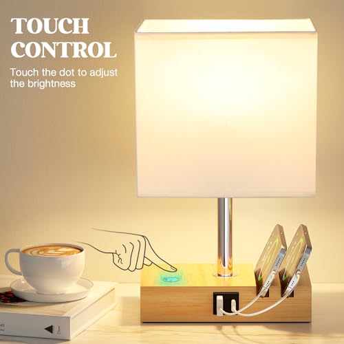 Bedside Lamps, Wooden Table Lamp for Living Room with USB A+C Charging Ports, Dimmable Touch Lamps Bedside with 2 Phone Slots, Wood Charger Organizer for Bedroom, Study, Office(Bulb Included) - Image 5