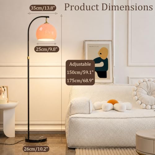 Image of Pink Arc Floor Lamp with Natural Marble Base, Mid Century Modern | Pink Glass Globe, Adjustable Height, E26 3-Color Temperatures Bulb, Foot Switch, Black Pole For Living Room, Bedroom, Office