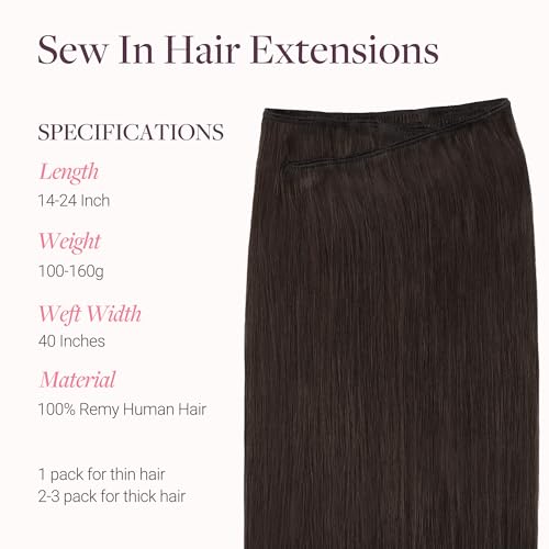 Image of GOO GOO Sew in Hair Extensions Real Human Hair, Weft Hair Extensions Human Hair, 2 Dark Brown 24inch 160g, Weft Bundles Straight Silky Remy Hair