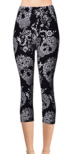 VIV Collection One Size Print Capri Leggings, Floral Skulls