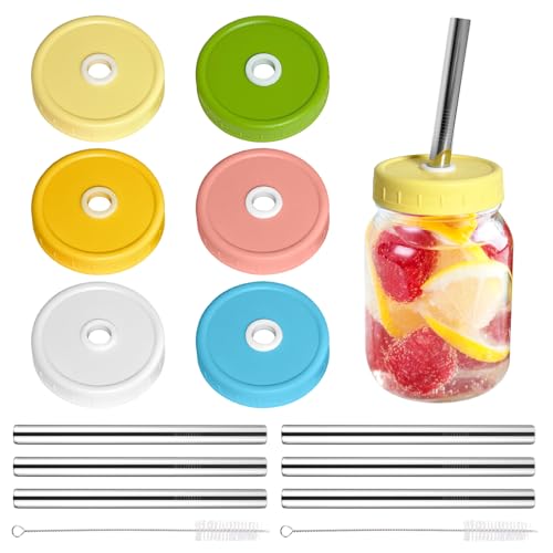 SusuBee 6 Pack Mason Jar Lids, Colorful Regular Mouth Drinking Lids with Straws and Cleaning Brush (JAR NOT INCLUDED)