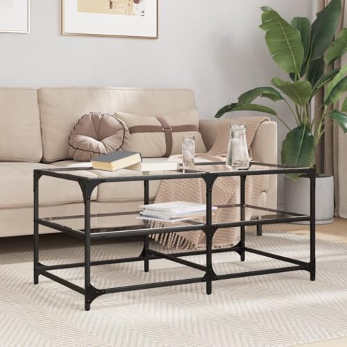 Table Basse with Plateau en Verre Transparent, Design Moderne, Grand Espace de Rangement, Coffee Table, Tables de Salon, pour Salon, Verre Transparent, 98.5 x 50 x 45 cm