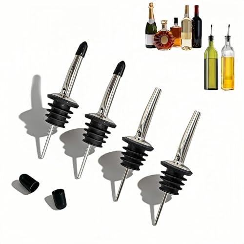 4-Pack Stainless Steel Wine & Oil Bottle Pourer Set - Precision Flow Control Spout with Anti-Drip Seal & Dust Cap for Liquor, Vinegar, Olive Oil - Bar Kitchen Tool by Yayaboqu