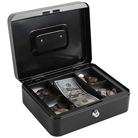 xydled Locking Steel Large Cash Box with Removable Coin Tray and Key Lock,9.84"x 7.87"x 3.54",Black Cover