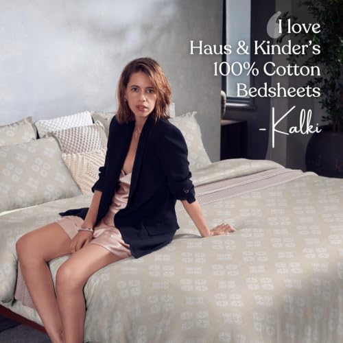 Image of Haus & Kinder Double Bed Bedsheet for Queen Size Bed with 2 Pillow Covers 90 Inch x 100 Inch | Premium Soft & Silky Pure Cotton 300 TC Flat Double Bedsheet | Crystal Loom Beige