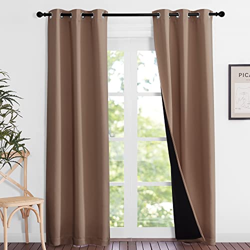 Image of NICETOWN Living Room Completely Shaded Draperies, Privacy Protection & Noise Reducing Ring Top Drapes, Black Lined Insulated Window Treatment Curtain Panels(Cappuccino, 2 Pieces, W37 x L84)
