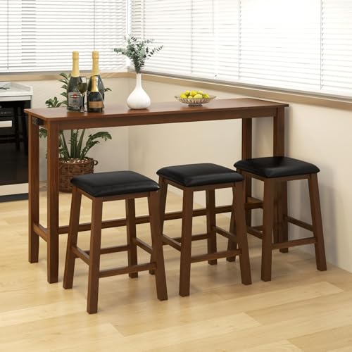 Tangkula 4-Piece Bar Table with Stools Wooden Dining Bar Table & Chairs Set w/Power Outet Kitchen Console Table w/ 3 Upholstered Stools for Living Room Dining Room (Walnut Brown)