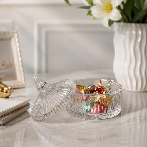 Image of bellemax Ribbed Glass Candy Jar with Lid, Clear Decorative Storage Container for Candy, Cookies, Dry Fruits, Chocolates, Snacks & Kitchen (Pack of 1)