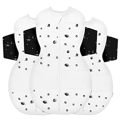 Image of Happiest Baby SNOO Sleep Sack - 100% Organic Cotton Baby Swaddle Blanket - Doctor Designed Promotes Healthy Hip Development - 3-Pack Bundle (Ivory Planets with Black Wings, S, M, L)