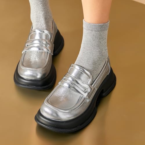 Image of BEAU TODAY Chunky Loafers Women,Patent Full Grain Leather Loafers for Women,Comfortable Slip-on Fashion Platform Shoes, Non Slip Business Casual Work Office Square Toe Dress Shoes