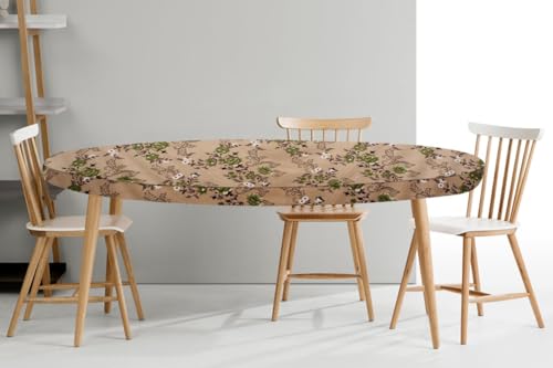 Image of The Furnishing Tree Elastic Oval Dining Table Cover WxL 36x48 in Inches Polyester Floral Pattern Beige