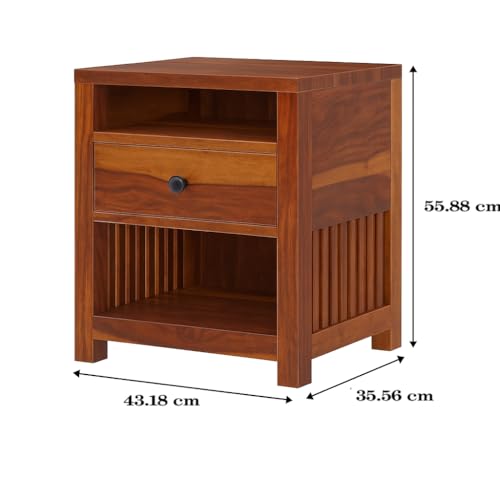 Image of Solid Sheesham Wood Bedside Table for Bedroom | Handmade Pure Wooden Bed Side Nightstand End Table with 1 Drawers & 2 Open Shelf Storage for Home & Bed Room | Rosewood, Brown