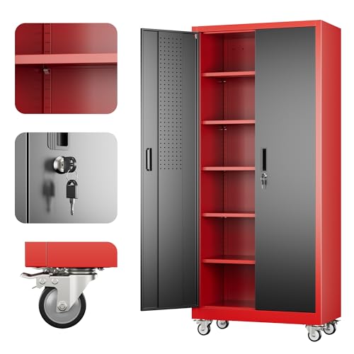 Image of Aobabo Upgrade 71H''*32''W*16''D Metal Garage Storage Cabinet with Wheels and Pegboards, 5 Adjustable Shelves Steel Storage Cabinets for Home,Warehouse,Garage,Assembly Required,Black Red