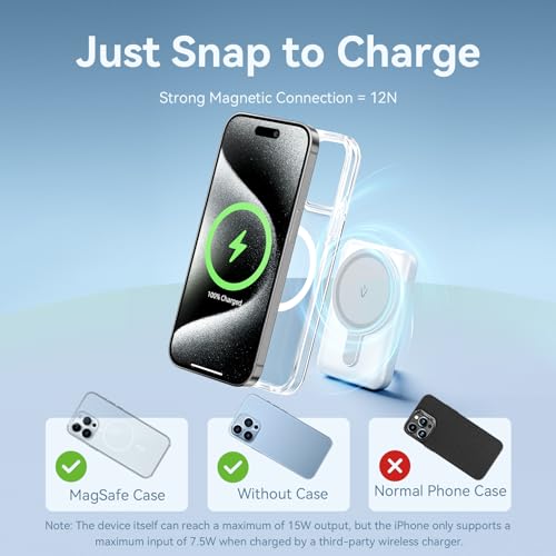 Vention 5000 mAh Magnetic Wireless Power Bank, 20 W Fast Charging Portable Charger with USB-C & Wireless Charging, White LED Indicator, Compact for iPhone/Samsung/AirPods (White)