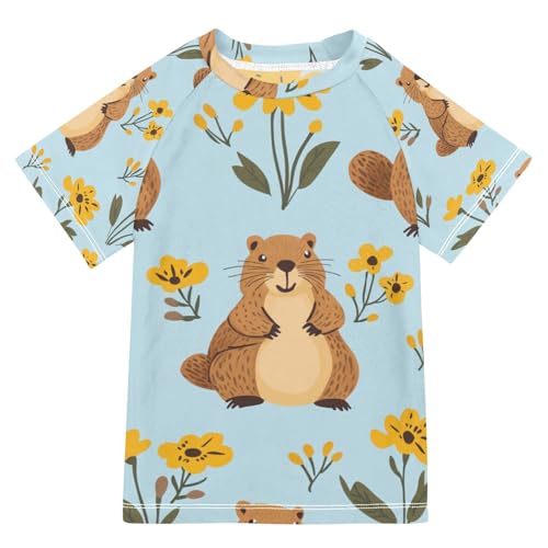 Jucciaco Boys Swing Shirts Groundhog Flower Otter Blue Rashguard Short Sleeve Kids T-Shirts Sun UPF 50+