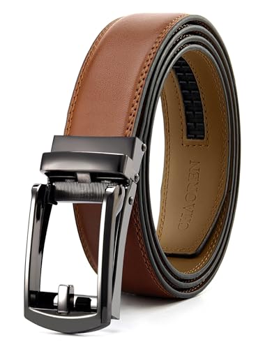 Image of Chaoren Leather Ratchet Belt 2 Pack Dress with Click Sliding Buckle 1 3 /8 inch in Gift Set Box - Adjustable Trim to Fit