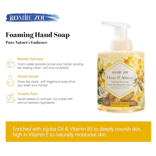 Image of ROMIIE ZOI Foaming Hand Soap, Honey & Almond, 500ml / 16.8fl.oz | With Gift Box, Gentle cleansing, nourishes skin without drying