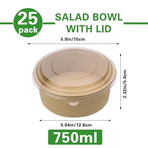 Image of 25 oz 25 Pcs Paper Bowls, Disposable Meal Prep Containers with Clear Lids | Disposable Salad Bowls with Lids, 750 ML Round Disposable Food Containers Suit for BBQ, Gatherings and Parties