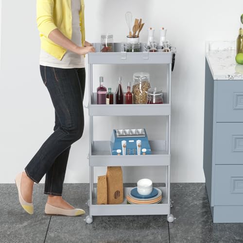 Image of SPACELEAD 4 Tier Rolling Cart with Wheels, Storage Craft Art Trolley Organizer Serving, 3 Hanging Baskets Easy Assembly, for Office, Living Room, Kitchen