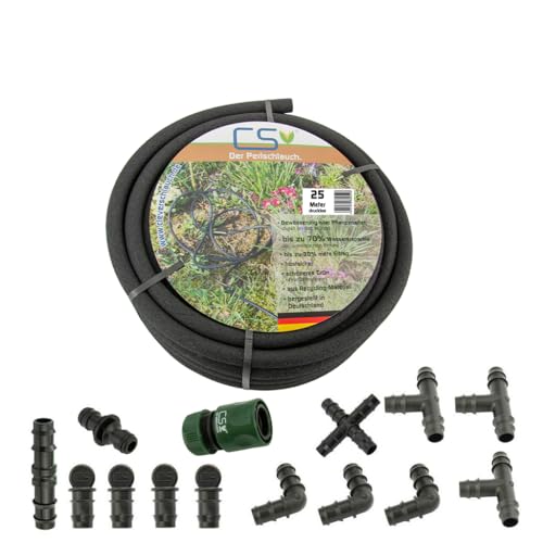 CS Perlschlauch 25 m drucklos inkl. Starterset – eco Tropfschlauch für Regentonne & Regenwasser – nachhaltiger, wassersparender Bewässerungsschlauch für Garten, Beet & Hecke