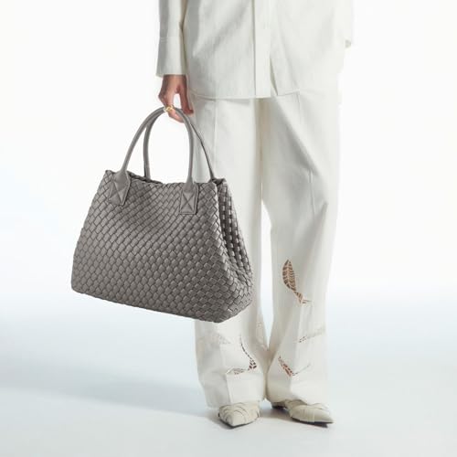 Image of Woven Tote Bag for Women Retro Handwoven Shoulder Travel Handbag Large Capacity Hobo Vegan Leather Bags with Purse