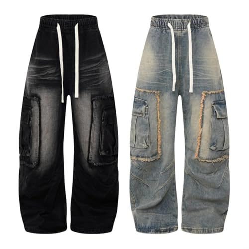 Unisex Baggy Jeans Streetwear Vintage Washed Drawstring Elastic Waist Wide Leg Harajuku Hip-Hop Cargo Jeans3