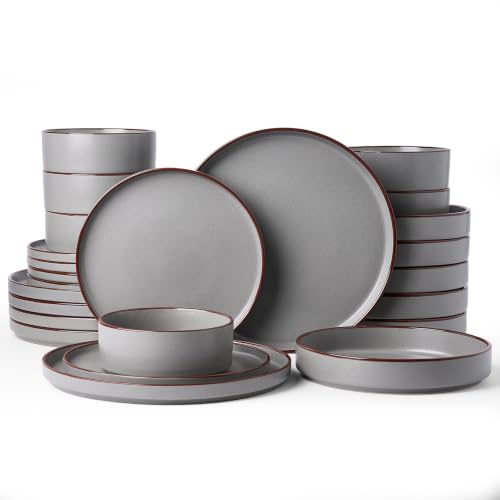 Image of Famiware Nebula Ridge 24-Piece Dinnerware Set with Pasta Bowls, Dark Gray