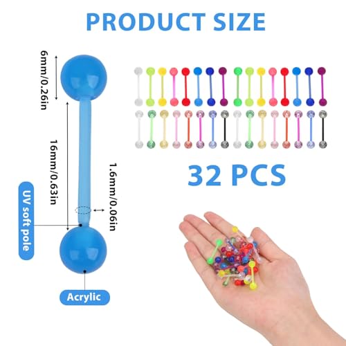 Tongue Rings Plastic Clear 32Pcs 14G Acrylic Glow in Dark Flexible Straight Barbells Nipple Piercing Jewelry for Women Men Tongue Nippie Piercings 16mm2