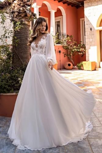 Hochzeitskleider Für Damen Spitzenapplikationen A-Linie Boho Langarm Brautkleid Standesamt Lang Braut Standesamtkleider