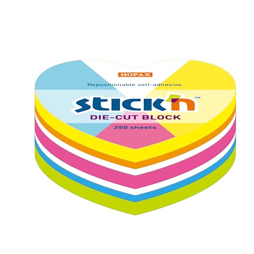 Taco de Notas Adhesivas con Forma de Corazón | 250 Hojas - Fabricado en Papel - Surtido de Colores Neón - Medidas 6,4 x 6,7 cm - Mimbek