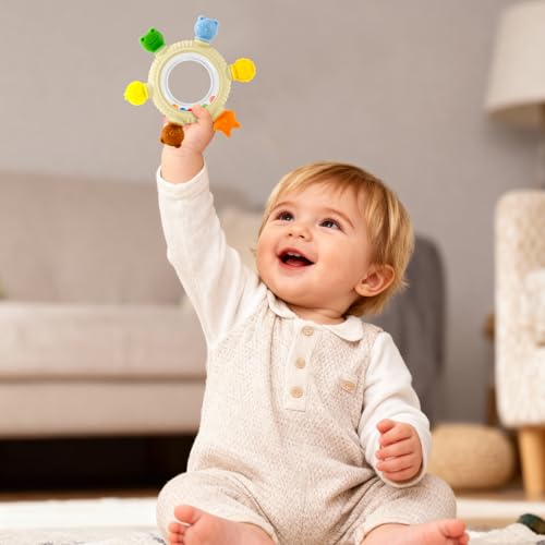 Baby Teething Toy for 0-6 6-12 Months Sensory Toys Baby Rattle Teether | Freezer Safe Silicone Teether | Silicone Baby Teething Ring for Teething Relief | BPA Free, Easy Grip Design for Infants - Image 3