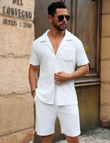 URRU Mens Short Sets 2 Piece Outfits Summer Beach Terry Short Sleeve Button Down Shirt and Shorts Set3