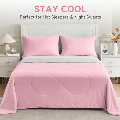 Image of HOMFINE Cooling Comforter Queen Size, Pink Summer Cooling Blanket for Hot Sleepers and Night Sweats, Japanese Double-Sided Cold Tech Fabric Q-Max 0.45, Soft Breathable Silky Smooth Lightweight