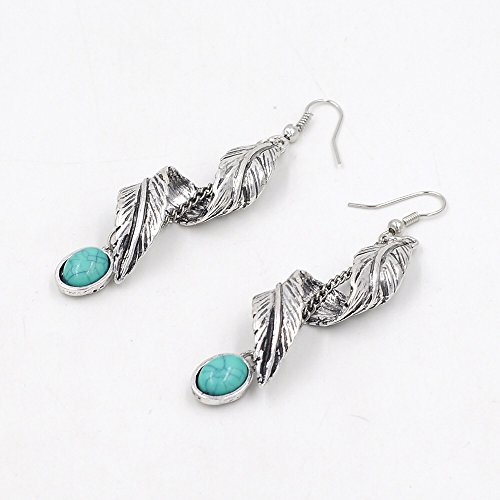 Women Bohemia Tribal Antique Silver Leave Dangle Earrings Vintage Feather Turquoise Bead Drop Earrings Nickel Free2