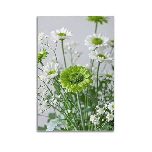 Affiche murale artistique marguerites vertes et bouquet d'haleine de bébé blanc 60x90cm ZHOUKEG