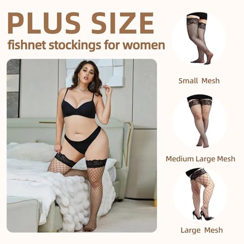 2 Pairs Plus Size Fishnet Stockings for Women,Silicone Lace Thigh High Stockings,Top Sheer Stay Up Lingerie Tights2