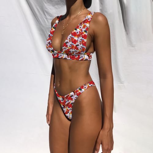 Image of Bathing Suits for Women Deep V Neck Sexy Two Piece Bikini Sets for Women Thong Halter Cheeky Swimsuit