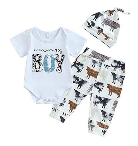 SAYOO Western Newborn Baby Boys Cowboy Outfits Cow Print Letter Bodysuit+Long Leggings+Cap 3pcs Infant Boy Country Clothes (Cow Head-White C, 6-12 Months)
